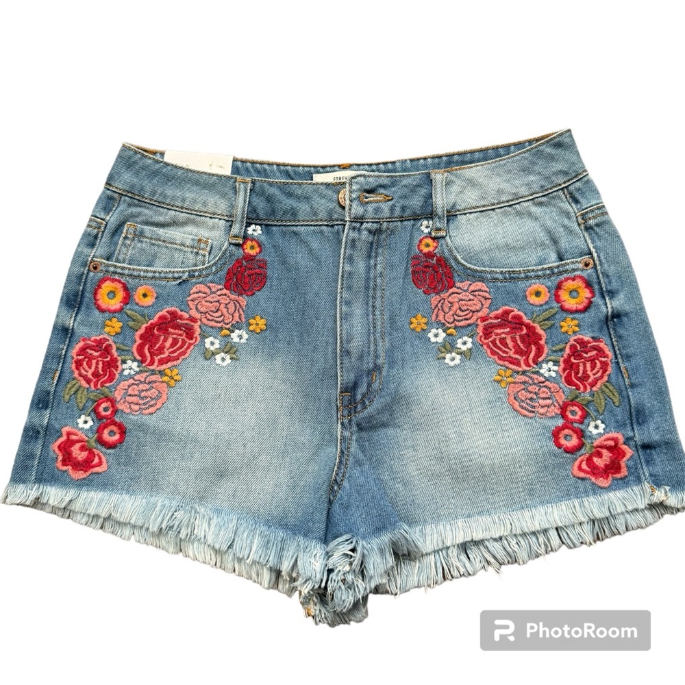 Forever 21 High Rise Cut-Off Denim Jean Shorts Floral Embroidery Size 27